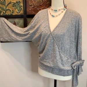Everly Faux Wrap tie gray Sweater. So soft. Size Large haachi knit